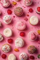 Cupcakes on pink background with raspberries and strawberries photo