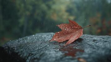 Red Leaf on Wet Rock in Rainy Forest photo