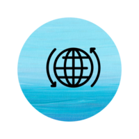 A blue circle with a globe and arrows on it png