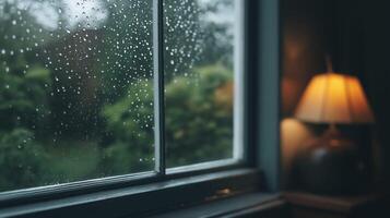 Rainy Day View Rain Droplets on Windowpane, Green Garden, Warm Lamplight photo