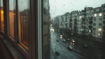 Rain Drops on Window With Blurred Cityscape Buildings and Cars on Overcast Day photo