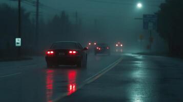Rainy Night Highway Scene Cars Driving Through Fog and Rain photo
