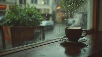 Dark Coffee Cup on Wooden Sill Window View Rainy Day Indoor Still Life photo