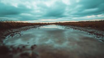 Muddy Road Puddle Reflecting Cloudy Sky photo