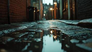 Dark Urban Alleyway Night Photography Wet Cobblestone Reflecting Lights photo