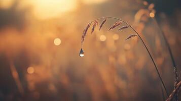 Single Dewdrop on Grass Blade at Sunrise photo
