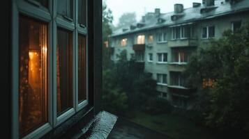 Rainy Evening City View from a Window with Warm Interior Light photo