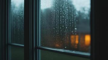 Rainy Day View Through Windowpane Blurred House and Raindrops photo