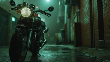 Black Motorcycle In Wet Urban Alleyway At Night photo