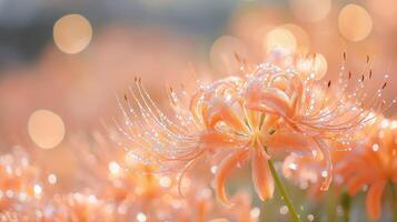 Close Up Orange Spider Lily with Water Droplets and Bokeh Background photo