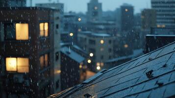 Rainy City Night Dark Rooftop and Illuminated Buildings photo