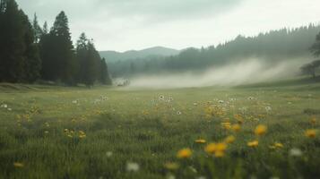Lush Green Meadow with Wildflowers Under a Misty Sunlight with Mountain Backdrop photo