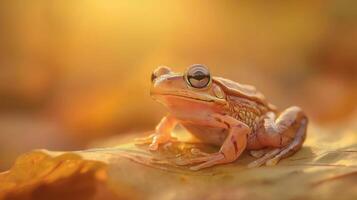 Small Brown Frog on Golden Leaf in Autumn Sunlight photo