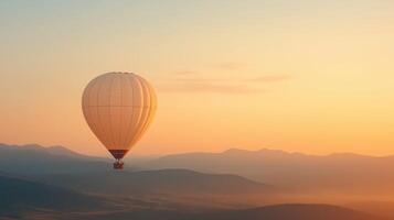 White Hot Air Balloon Soaring Over Hazy Mountains at Sunrise photo