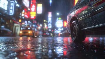 Rainy City Night Neon Lights Reflect on Wet Pavement photo