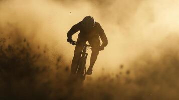 Silhouette Mountain Biker in Golden Dust Cloud photo