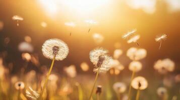 Soft Golden Sunset Light Dandelion Seeds Field photo