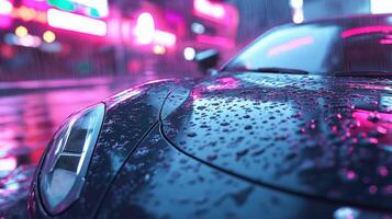 Rain Covered Car at Night Under Neon Lights photo