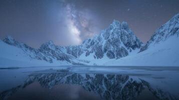 Snowy Mountain Range Reflecting in Frozen Lake Under Starry Night Sky photo
