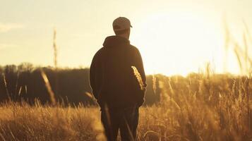 Silhouette of Man Walking in Golden Grass Field at Sunset photo