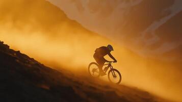 Mountain Biker Descending Dusty Trail at Sunset photo