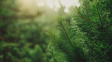 Lush Green Pine Needles Adorned with Sparkling Raindrops in Soft Natural Light photo