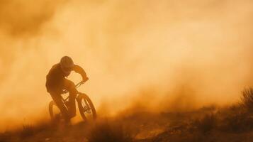 Silhouette of Mountain Biker in Dust Cloud at Sunset photo
