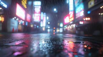 Neon Cityscape Reflections on Wet Street at Night with Bokeh Lights and Urban Ambiance photo