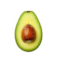 Fresh and appetizing half of ripe avocado with dew drops on white background. Perfect for advertising healthy eating, organic food and wellness products. For balanced diet and natural lifestyle. photo