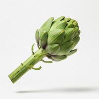Green artichoke levitating on white background. Fresh and appetizing, ideal for culinary projects and healthy food advertising. For balanced diet and natural lifestyle. photo