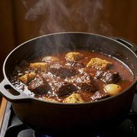 Belgian goulash with bread crumbs in a cast iron pot. Belgian goulash, also known as Carbonnade Flamande - traditional Belgian dish, of beef stewed in beer photo
