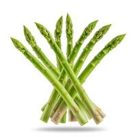 Fresh and appetizing gree asparagus with dew drops on white background. Perfect for advertising healthy eating, organic food and wellness products. For balanced diet and natural lifestyle. photo