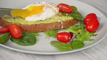 avocado toast with poached egg, spinach, and cherry tomatoes on a plate video