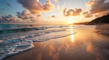 serene atmosphere of a coastal is showcased by glimmering ripples sandy shores and magical reflection of sun on tranquil surface of a beach photo