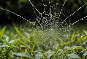 Highlights detailed craftsmanship of a spiderweb embellished with a droplet of dew showing delicate threads shimmering droplet and harmonious partnership between spider and its environment photo