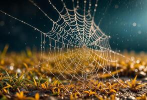 Highlights detailed craftsmanship of a spiderweb embellished with a droplet of dew displaying delicate threads shimmering droplet and harmonious between spider and its environment photo
