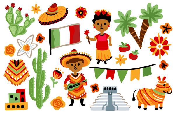 A set of Latin American elements. Symbols of Mexico. Nature, animals, characters, objects. For maps and children designs. Travel landmarks illustrations. Cartoon style. Childish artwork