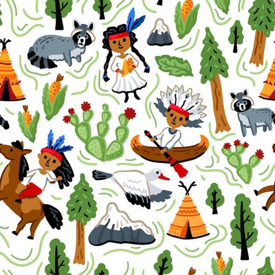 Cowboy native American western pattern. Bright children seamless with American western cowboy from wild west rural Landscape. Childish background. Wild West. Texas. Cheerful characters with animals