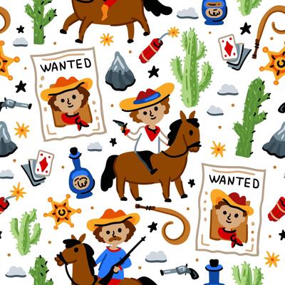 Cowboy native American western pattern. Bright children seamless with American western cowboy from wild west rural Landscape. Childish background. Cheerful characters with animals and plants.