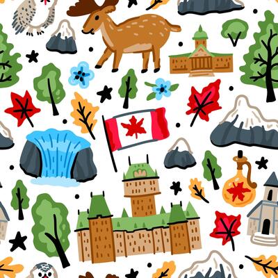 Bright cheerful children seamless pattern with symbols of Canada. American Indian, maple leaf, grizzly, Niagara waterfall. Alaska landmarks. Forest background. North America