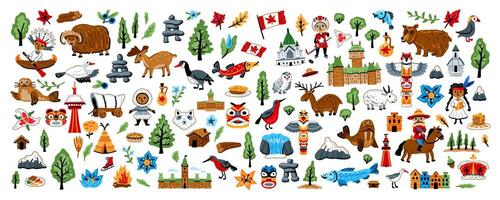 A huge set of North American elements. Symbols of Canada. Nature, animals, characters, objects. For maps and children's designs. Travel landmarks illustrations. Cartoon style. vector