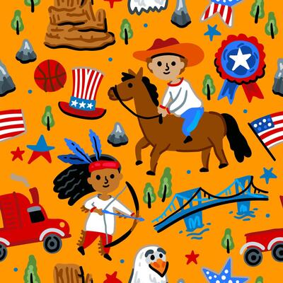 Cowboy native American western pattern. Bright children seamless with American western cowboy from wild west rural Landscape. Child background. Wild West. Texas. Cheerful characters
