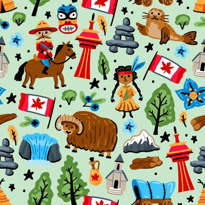 Bright cheerful children seamless pattern with symbols of Canada. American Indian, maple leaf, deer, Childish background. North America