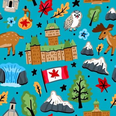 Bright cheerful children seamless pattern with symbols of Canada. American Indian, maple leaf, deer, Niagara waterfall.