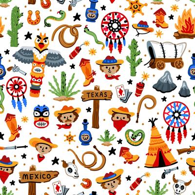 Cowboy native American western pattern. Bright children seamless with American western cowboy from wild west rural Landscape. Childish background. Wild West. Texas. Cheerful characters with plants.