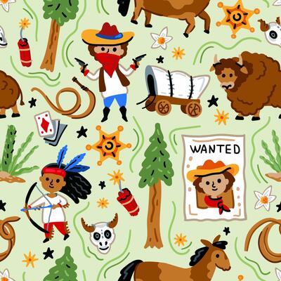 Cowboy native American western pattern. Bright children seamless with American western cowboy from wild west rural Landscape. Childish background. Wild West.