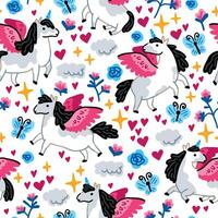 Bright children seamless pattern of fairy tale characters. Childish background of little unicorns cartoon with funny flowers and stars vector