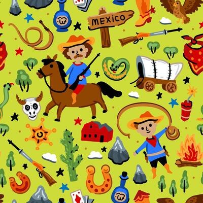 Cowboy native American western pattern. Bright children seamless with American western cowboy from wild west rural Landscape. Childish background. Wild West. Texas.