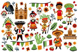 Set of Maya characters, Aztec childish Collection. For children room designs. Pyramid. Cacti, toucan, palm, flowers on white background vector