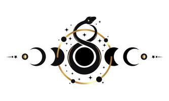 Moon Phases border frame and Mystical snake, wicca banner celestial sign. Triple moon pagan Wiccan goddess symbol, Sacred geometry, wheel of the year, isolated on white background vector